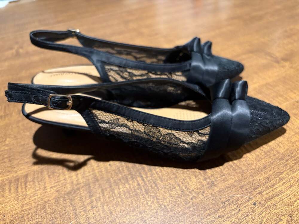 Comfortview Poppy Black Lace Satin Bow Slingback Kitten Heels Size 10W - Picture 9 of 11